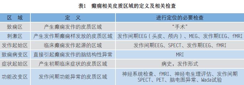 表1 癲癇相關(guān)皮質(zhì)區(qū)域的定義及相關(guān)檢查