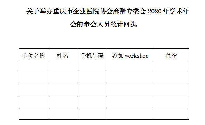 二輪通知｜重慶市企業(yè)醫(yī)院協(xié)會麻醉專委會2020年學術(shù)年會-報名回執(zhí)